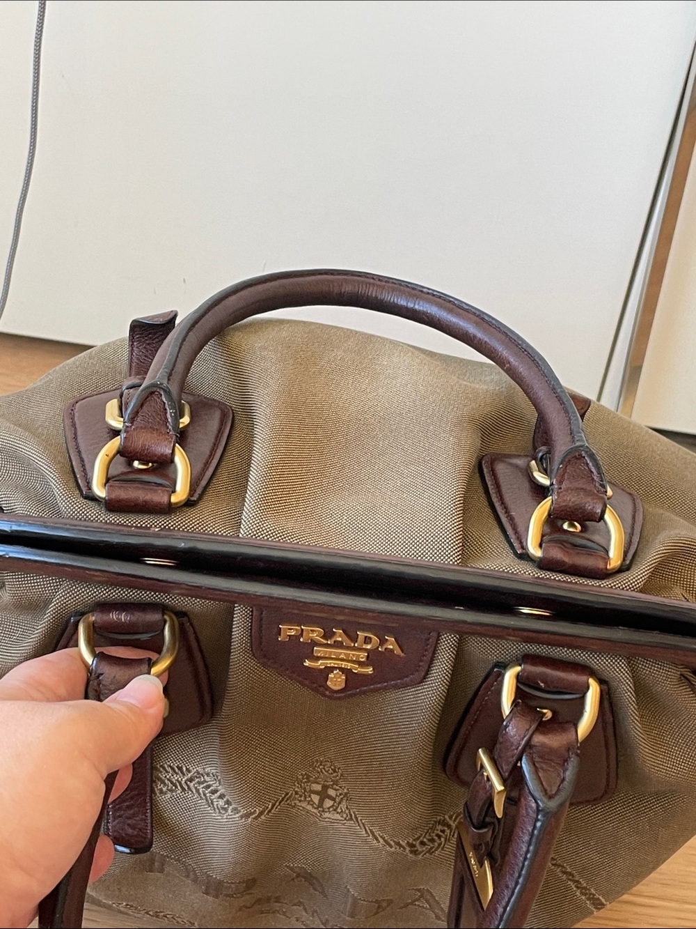 Prada Large Canapa Canvas Tote Brown Vitello Leather Trim Gold Hardware Italy - Picture 5 of 16